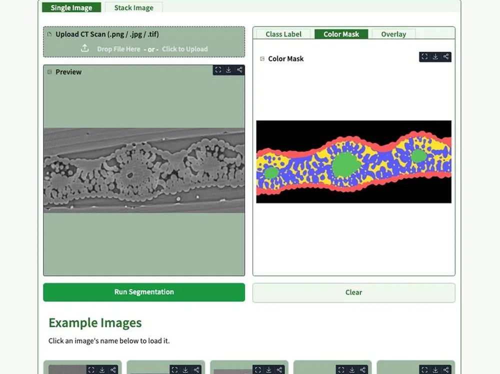 Leaf-CT app showing a leaf scan and segmented tissues
