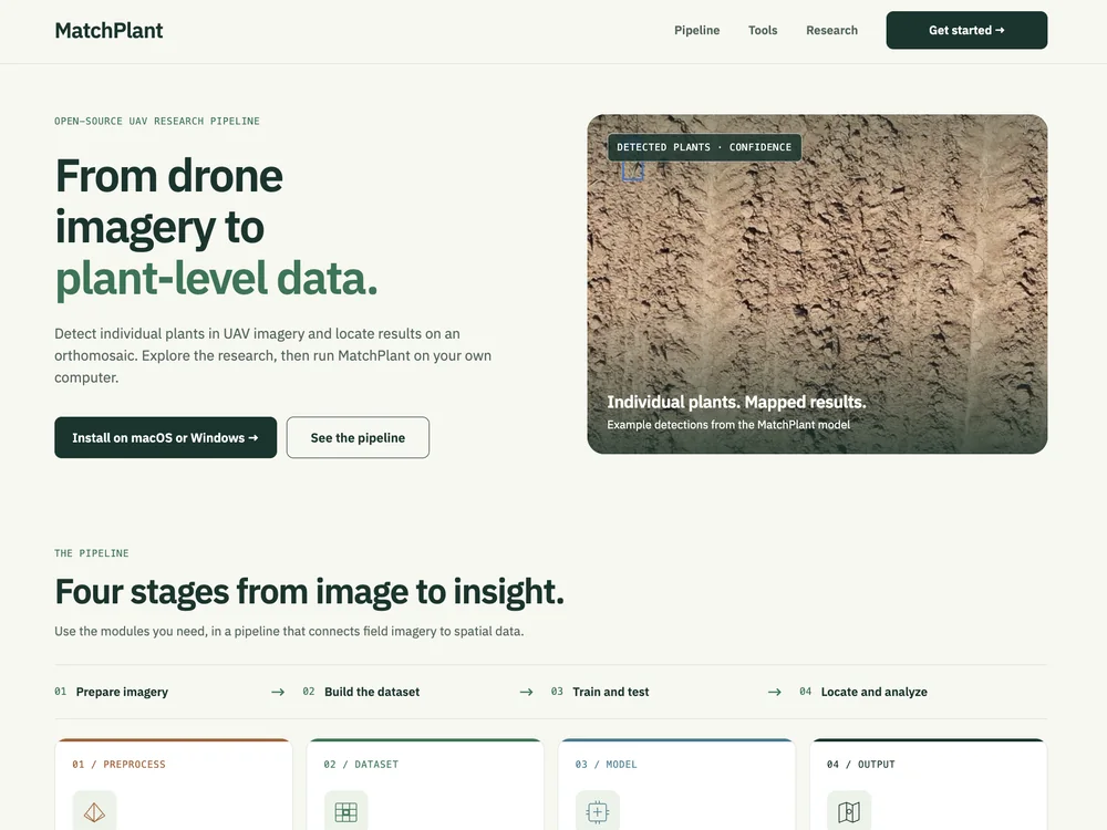 MatchPlant landing page with local installation instructions and pipeline tools