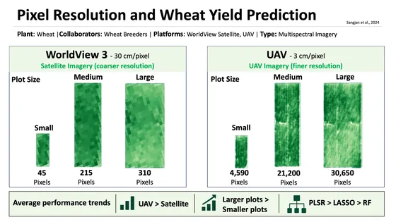 Original satellite and UAV plot imagery, study pixel counts, and average performance trends